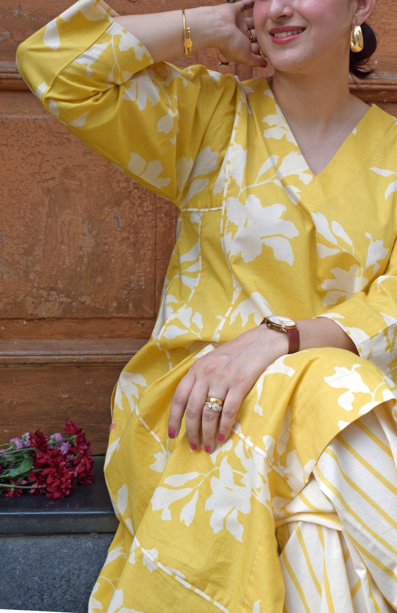 Yellow Floral Paneled Kurta with Striped Pajama - CiceroniKurta Set, Everyday WearHouse of Moxa