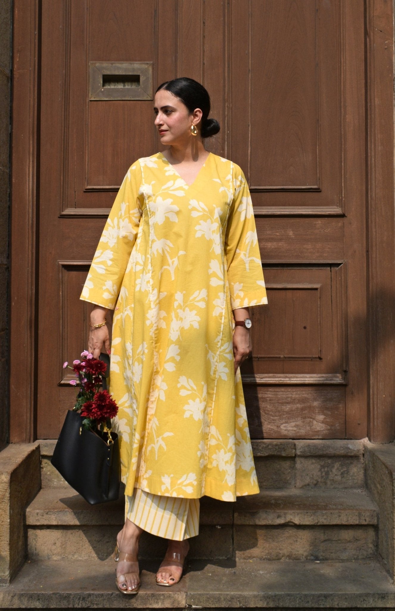 Yellow Floral Paneled Kurta with Striped Pajama - CiceroniKurta Set, Everyday WearHouse of Moxa