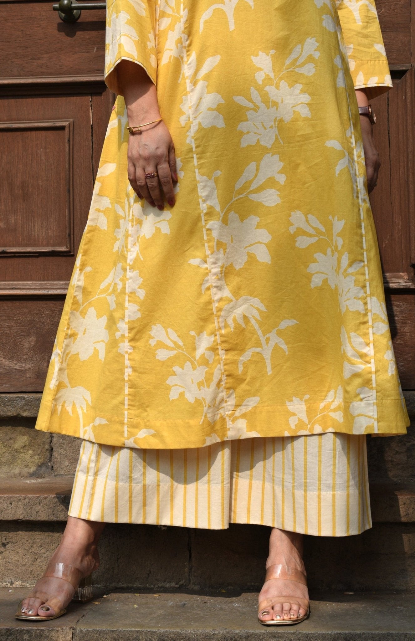 Yellow Floral Paneled Kurta with Striped Pajama - CiceroniKurta Set, Everyday WearHouse of Moxa