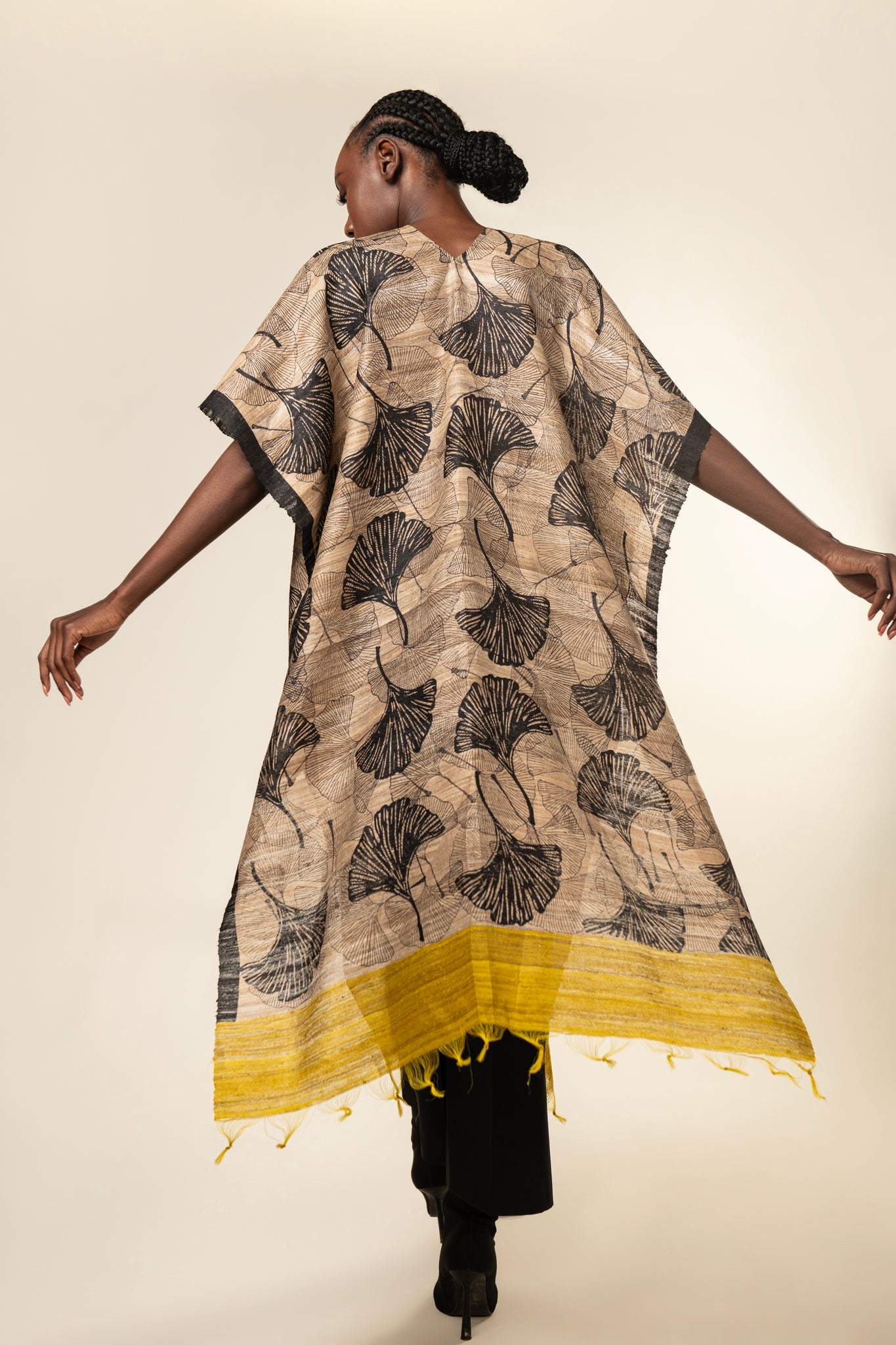 Yellow Ginkgo Tussar Peace Silk 3 in 1 Cape - CiceroniCapeAeshaane