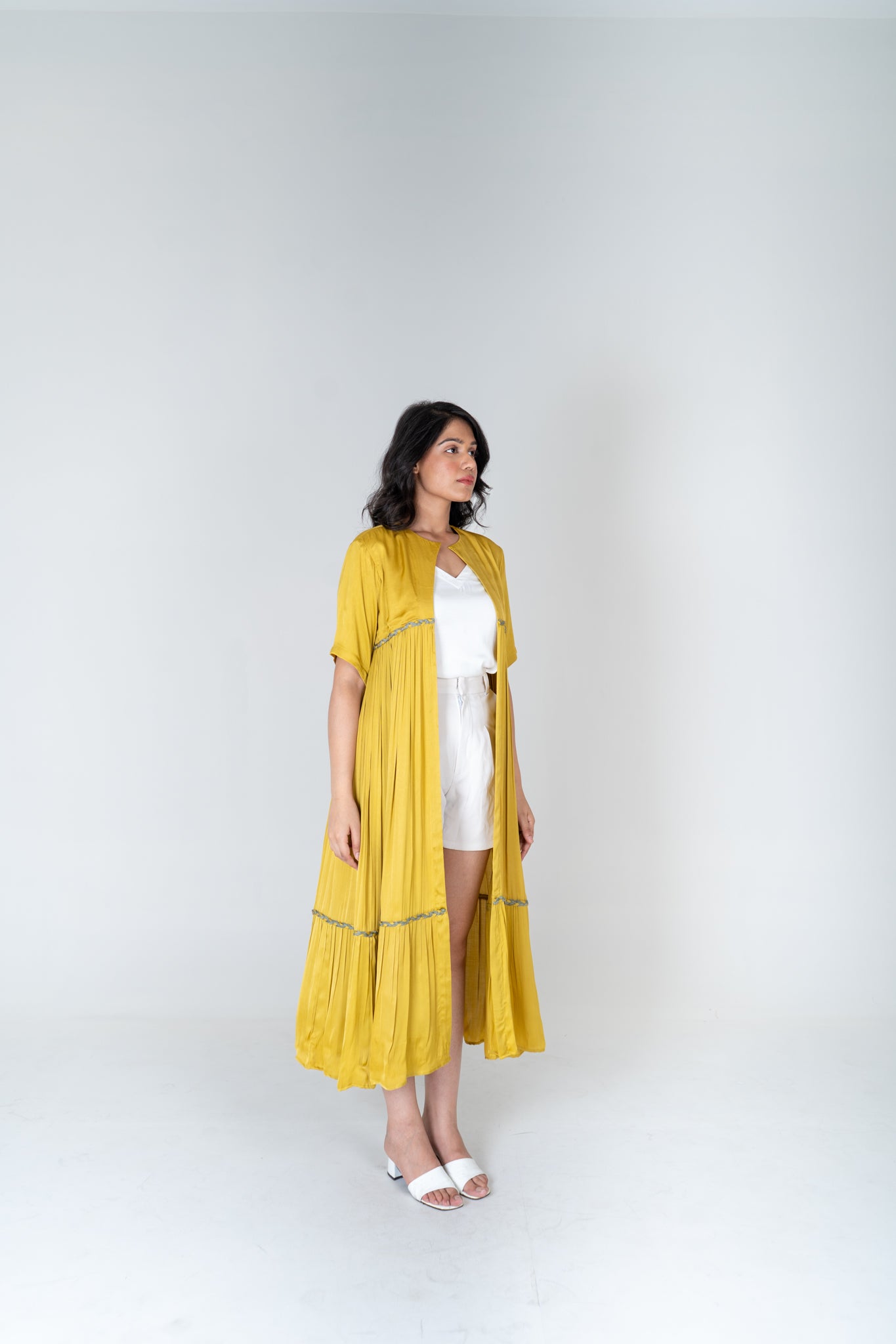 Yellow - Green Braided Gather Long Cape - CiceroniCapeNeora