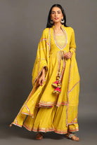 Yellow Jodha Anarkali Sharara Set - CiceroniKurta Set, Festive WearOmaana