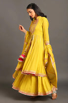 Yellow Jodha Anarkali Sharara Set - CiceroniKurta Set, Festive WearOmaana