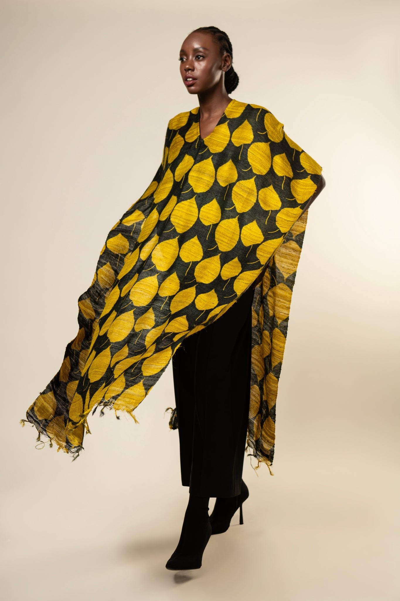 Yellow Leaf Tussar Peace Silk 3 in 1 Cape - CiceroniCapeAeshaane