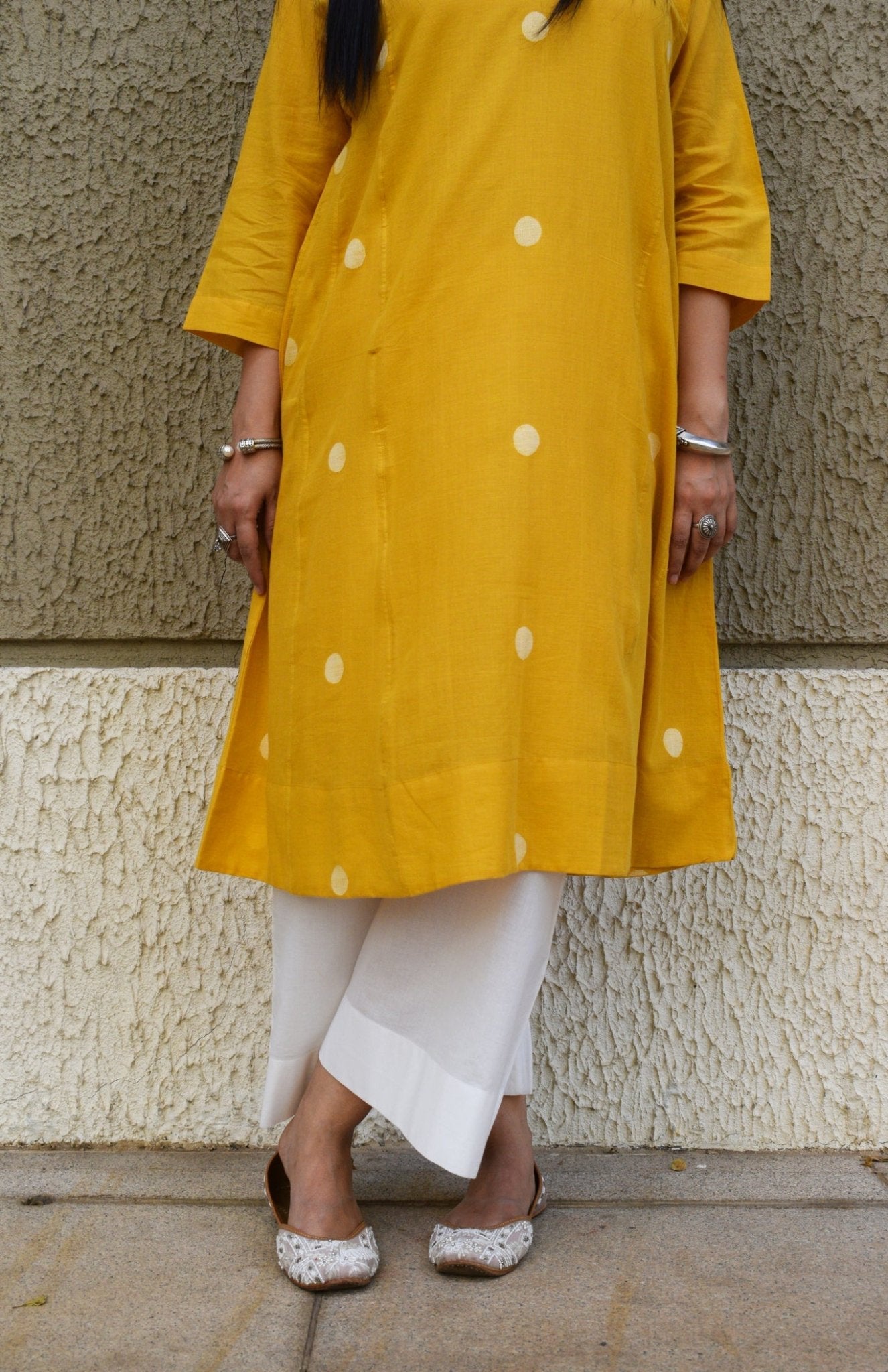 Yellow Polka Dot Jamdani Phiran with White Pyjama - CiceroniKurta Set, Everyday WearHouse of Moxa