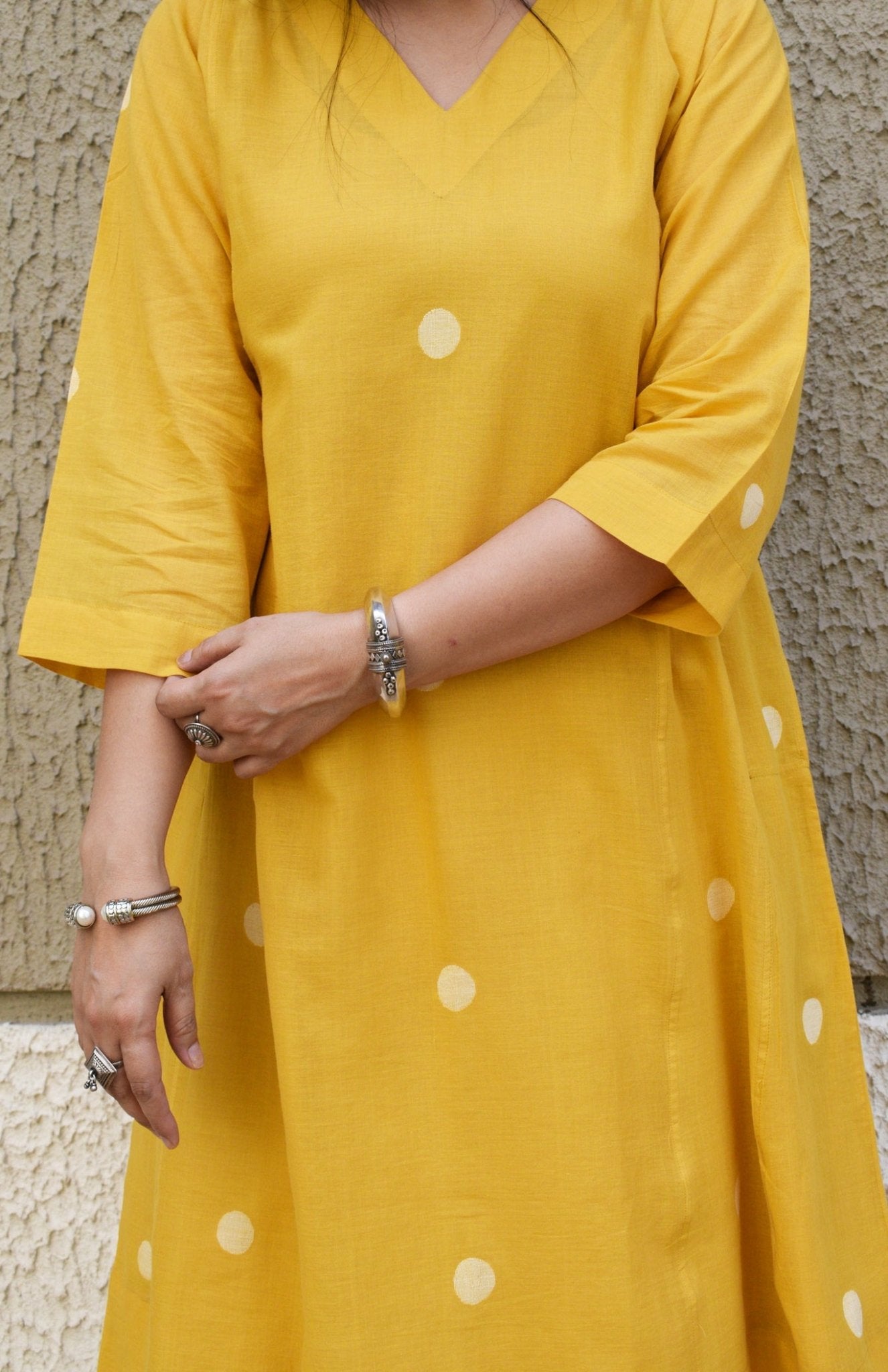 Yellow Polka Dot Jamdani Phiran with White Pyjama - CiceroniKurta Set, Everyday WearHouse of Moxa