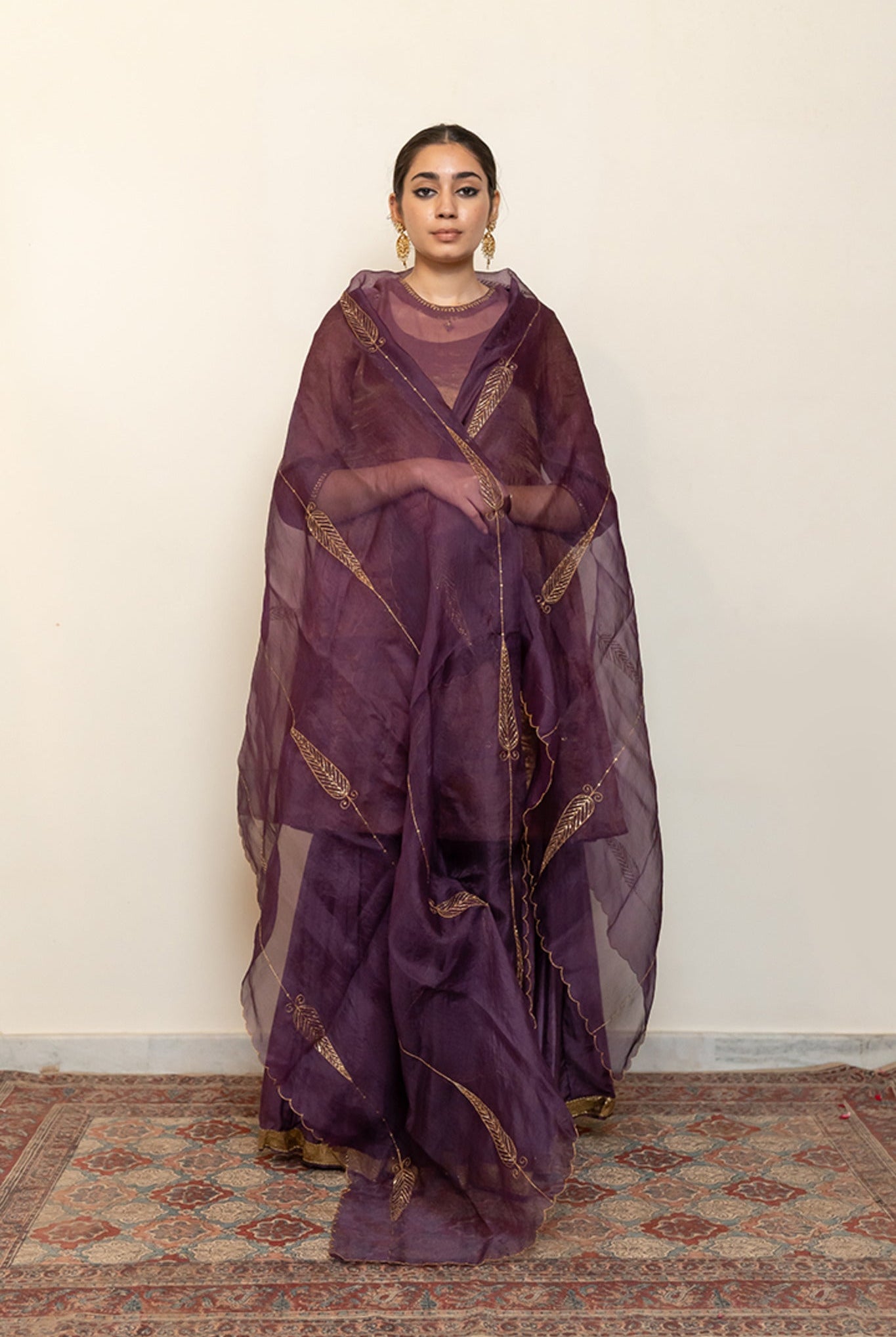Zareen Gharara Set With Shama Odhani - Aubergine (Set of 3) - CiceroniKurta Set, Festive wearNirjara