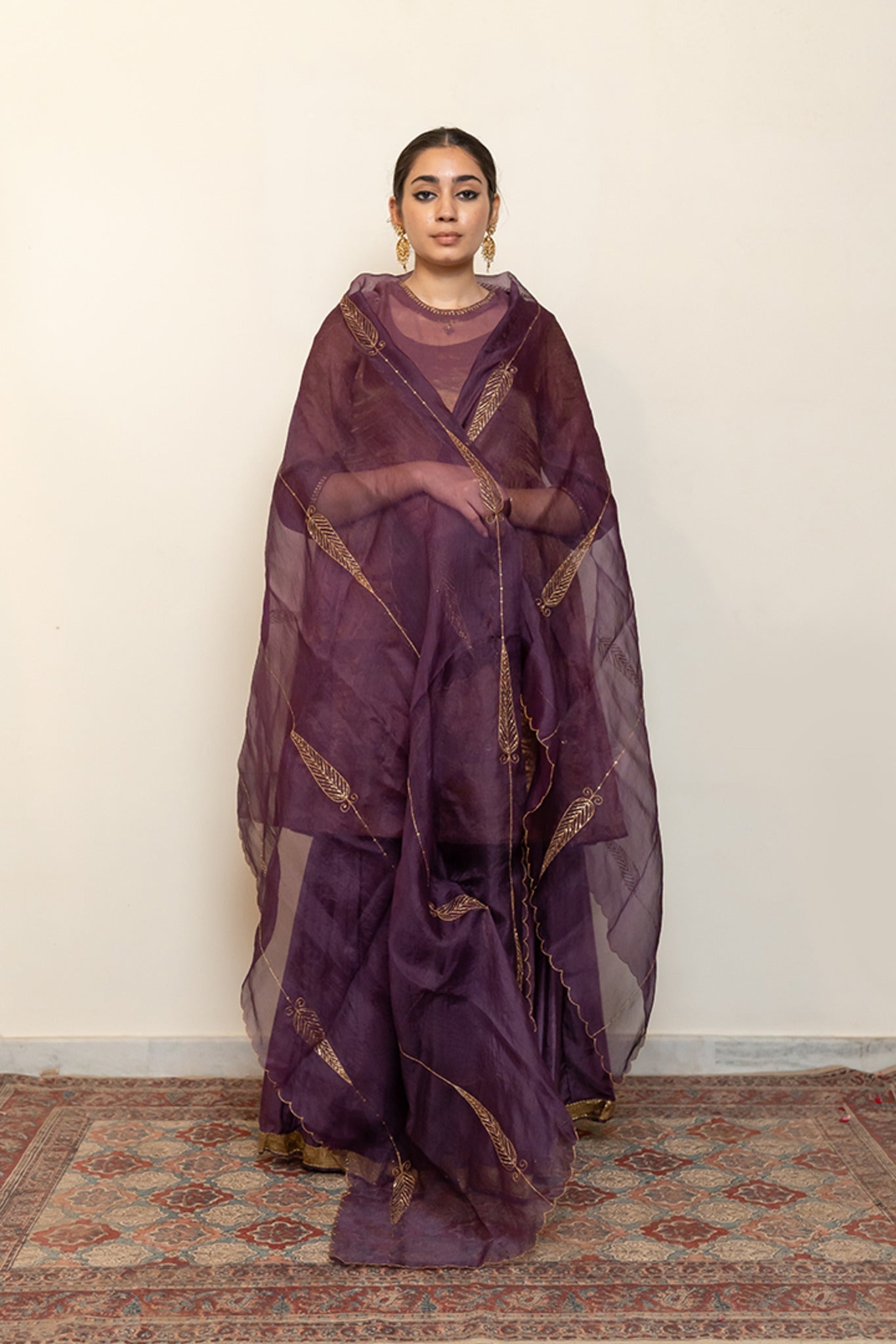 Zareen Gharara Set With Shama Odhani - Aubergine (Set of 3) - CiceroniKurta Set, Festive wearNirjara