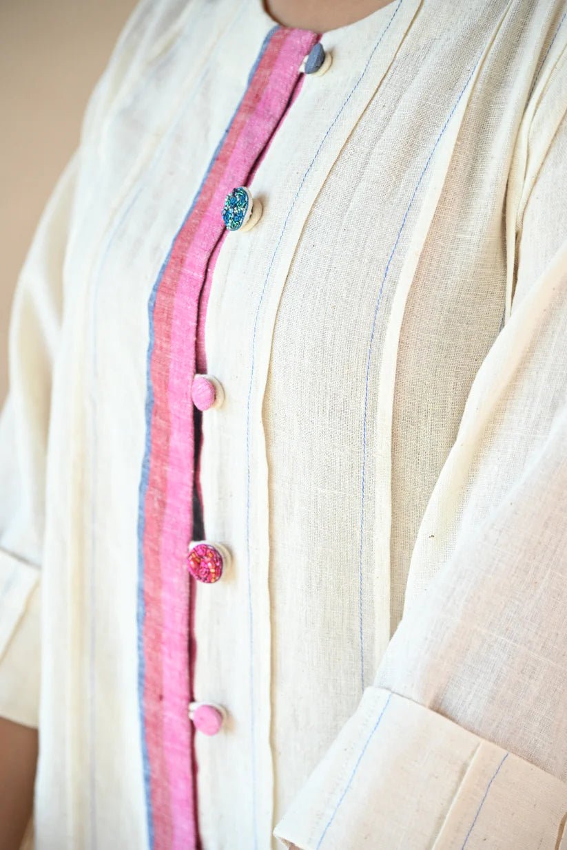Ziggy Tunic with Embroidered & Multi Color Button - Natural White - CiceroniTunicsRang by Rajvi