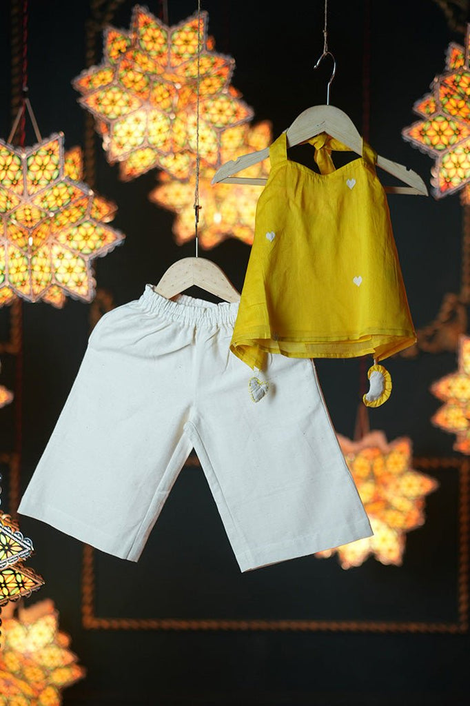 Basant Girls Ethnic Wear Halter Set with Yellow Halter Neck Top and Comfortable White Pants - CiceroniCo-ord SetLove The World Today