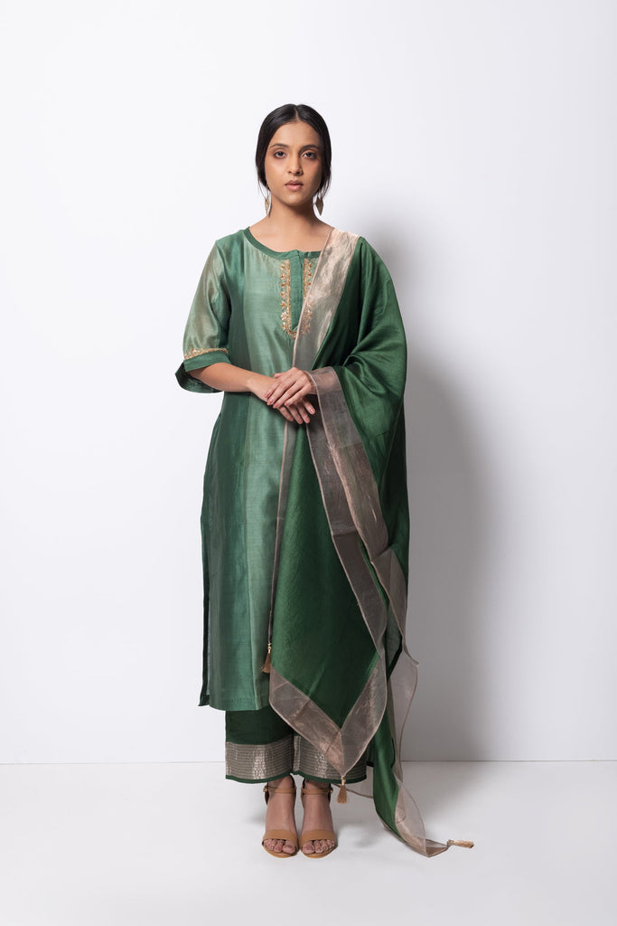 Beryl Green Chanderi Silk Panelled Kurta Set with Dupatta - CiceroniBhavik Shah