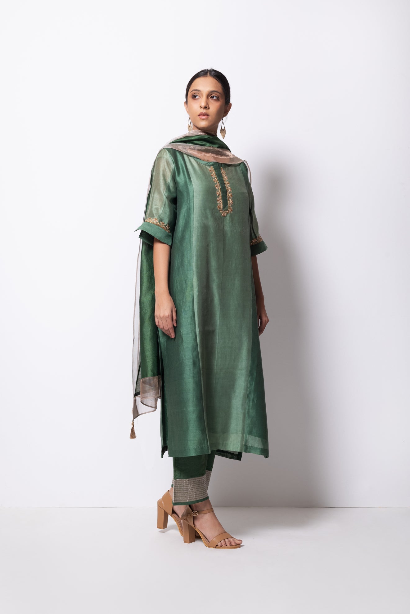 Beryl Green Chanderi Silk Panelled Kurta Set with Dupatta - CiceroniBhavik Shah