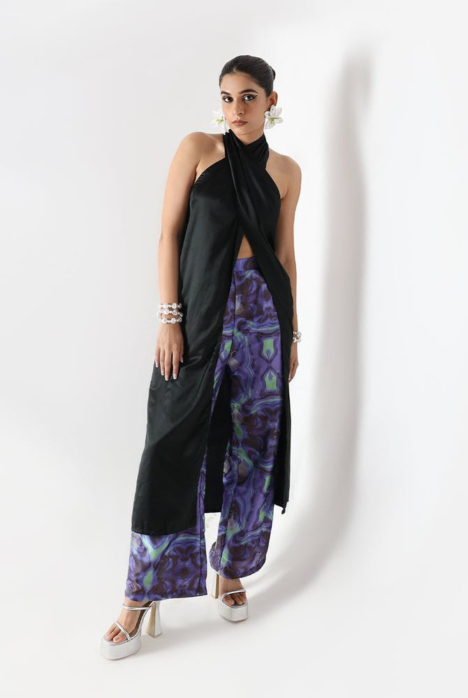 Black Long Drape Halter Silk Co-Ord Set - CiceroniCo-ord SetShriya Singhi
