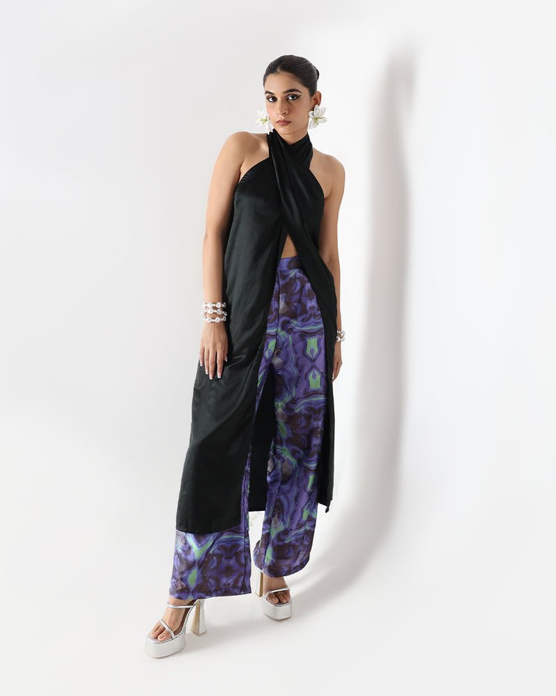 Black Long Drape Halter Silk Co-Ord Set - CiceroniCo-ord SetShriya Singhi