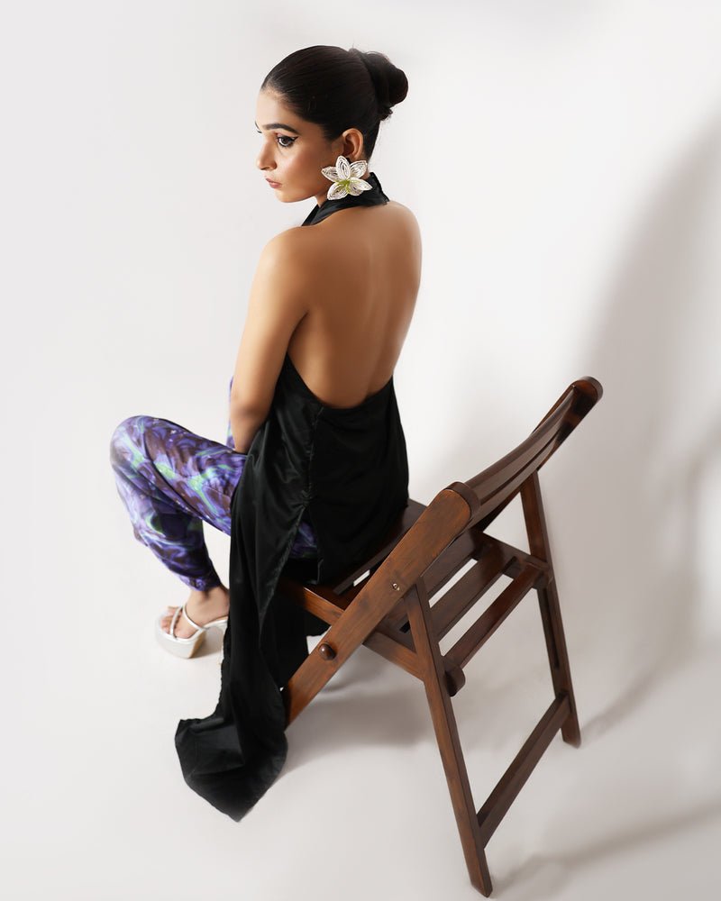 Black Long Drape Halter Silk Co-Ord Set - CiceroniCo-ord SetShriya Singhi