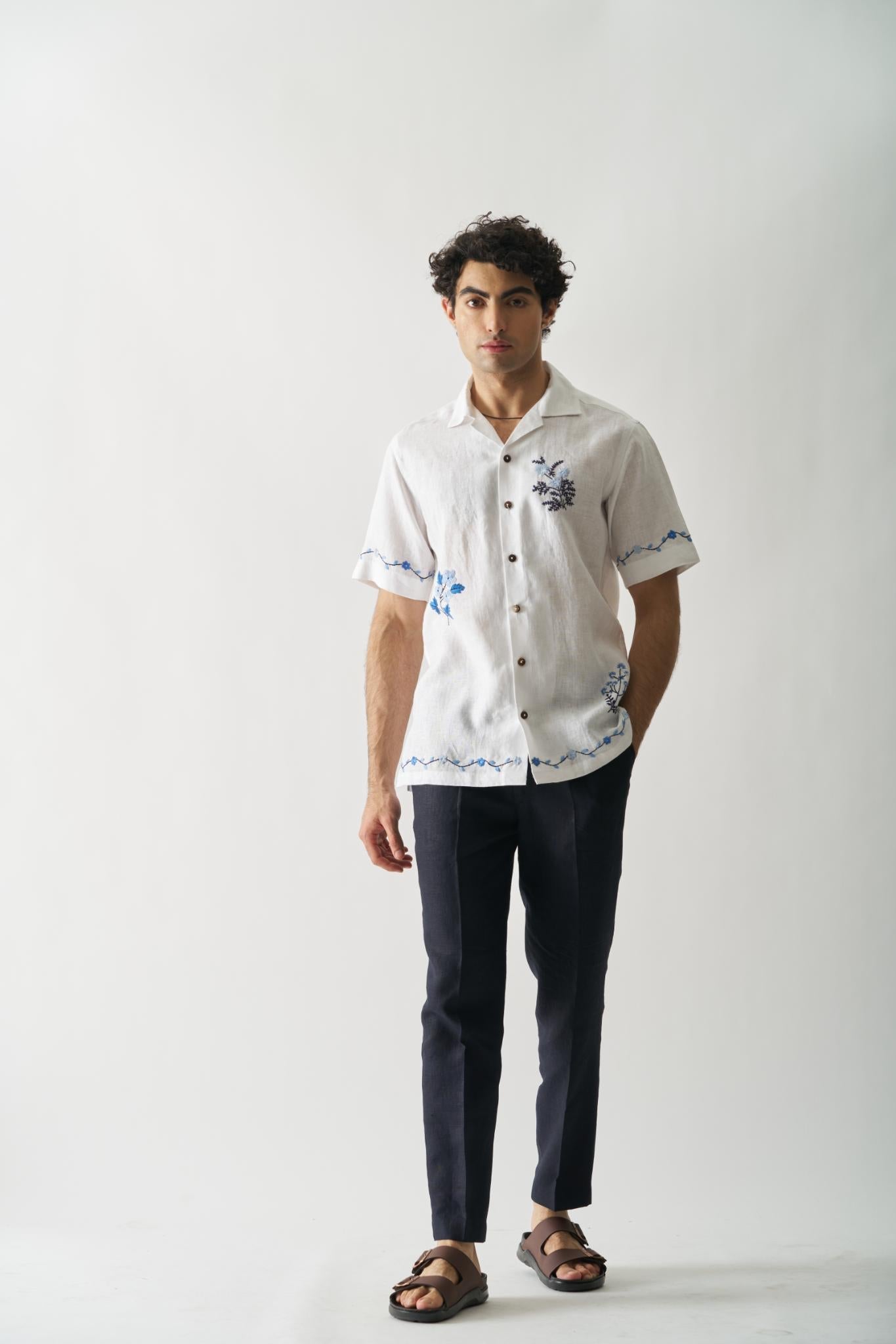 Blossom Cascade - Mens Hand Embroidered Pure Linen Shirt - CiceroniShirtsCultura Studio