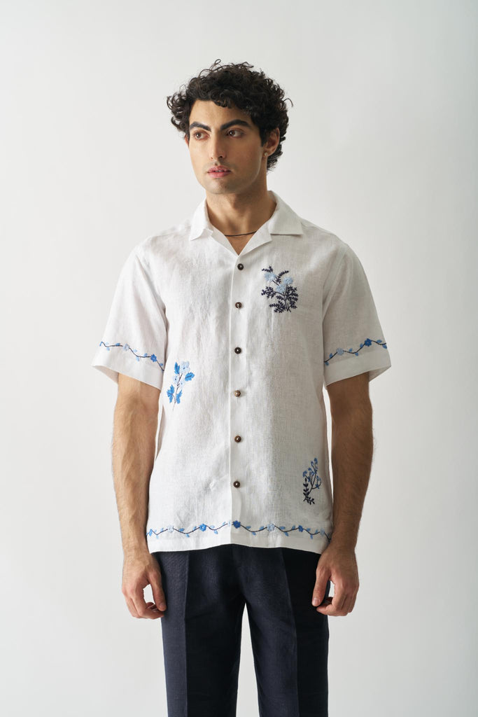 Blossom Cascade - Mens Hand Embroidered Pure Linen Shirt - CiceroniShirtsCultura Studio