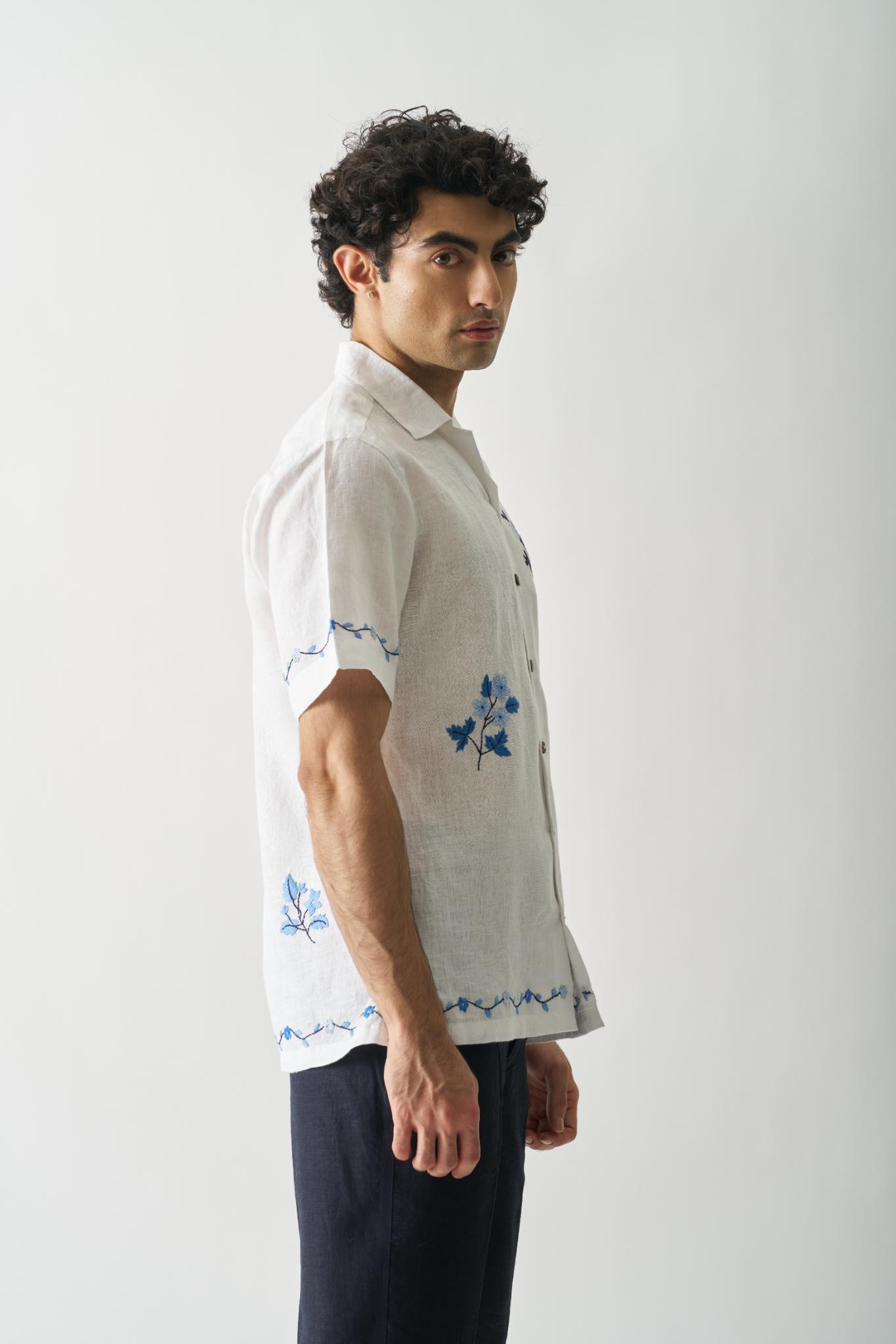 Blossom Cascade - Mens Hand Embroidered Pure Linen Shirt - CiceroniShirtsCultura Studio