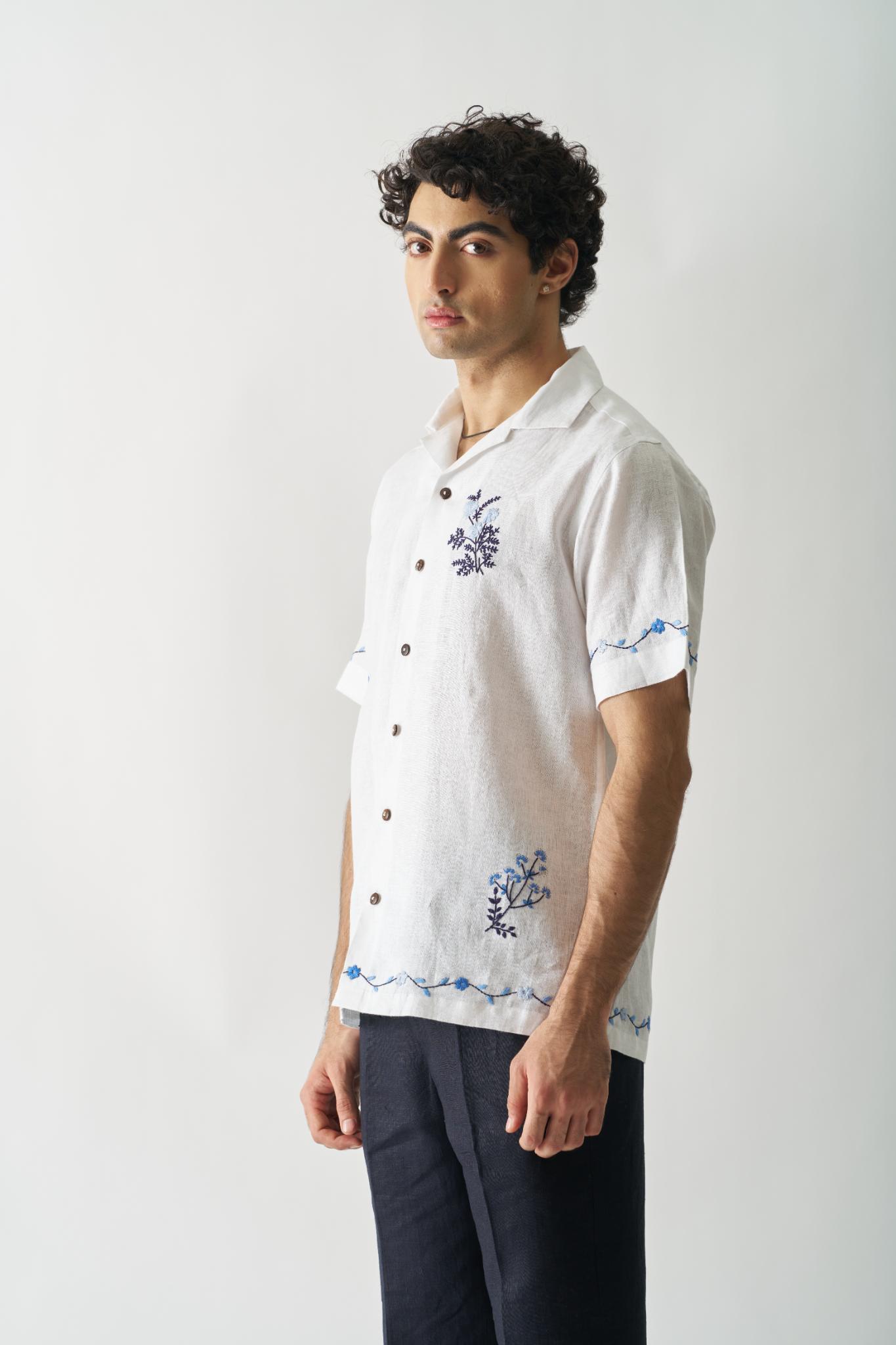 Blossom Cascade - Mens Hand Embroidered Pure Linen Shirt - CiceroniShirtsCultura Studio