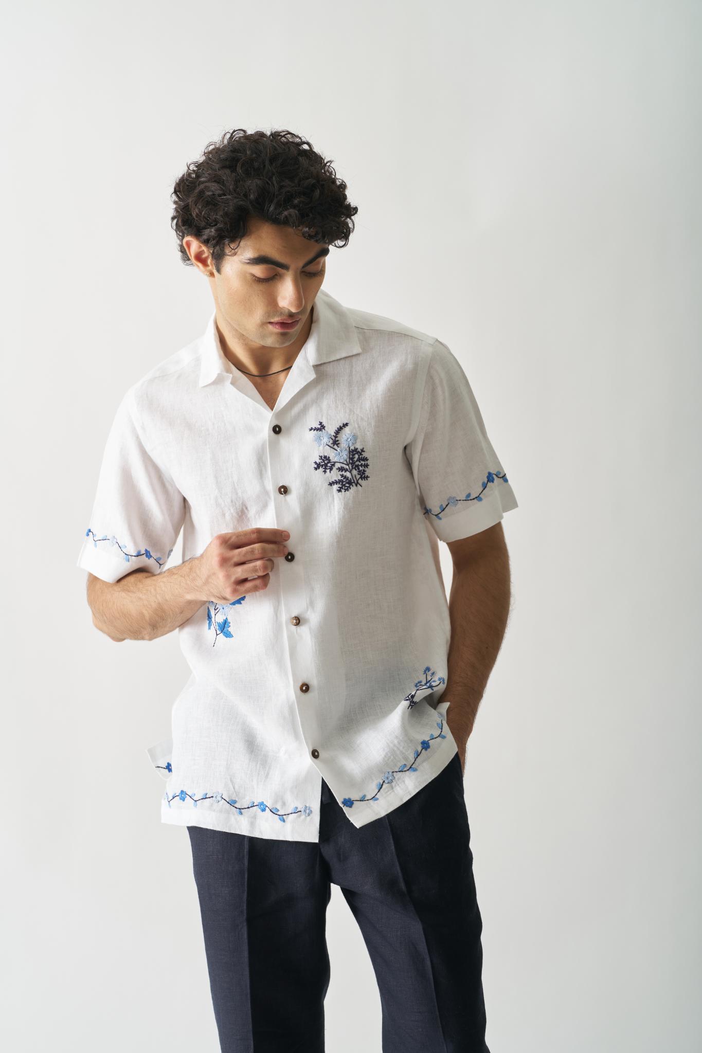 Blossom Cascade - Mens Hand Embroidered Pure Linen Shirt - CiceroniShirtsCultura Studio