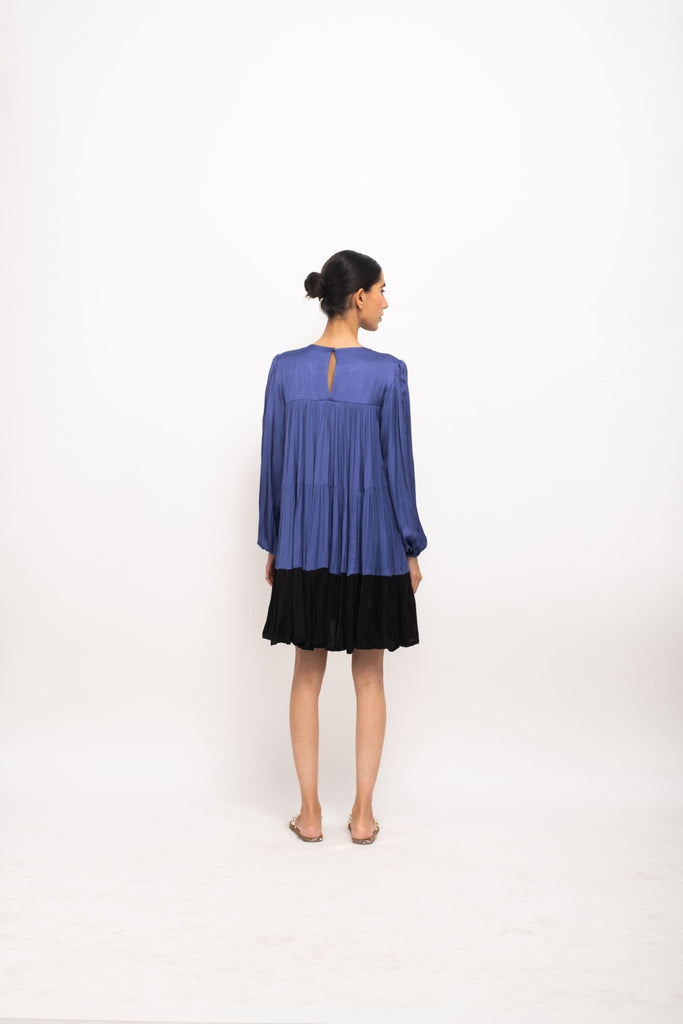 Blue-Black Gather Short Dress - CiceroniDressesNeora