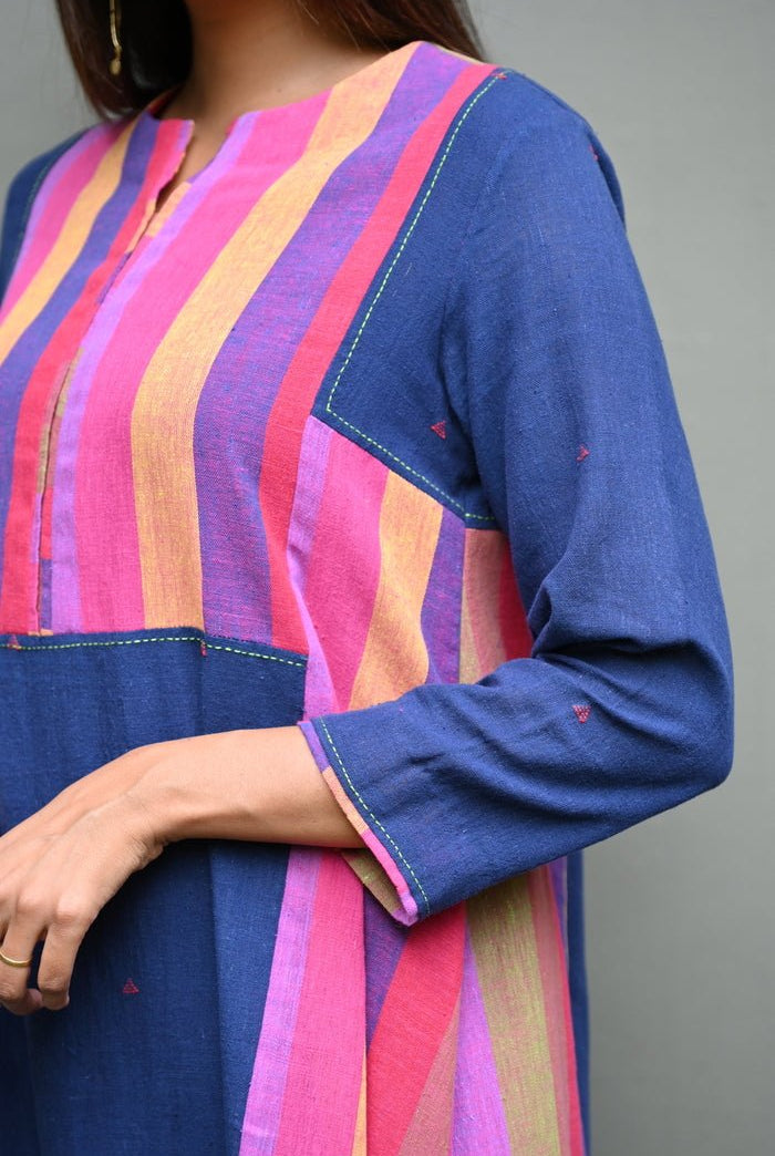 Blue Butti with Pink Stripe Yoke Kurta - CiceroniKurtaRang by Rajvi