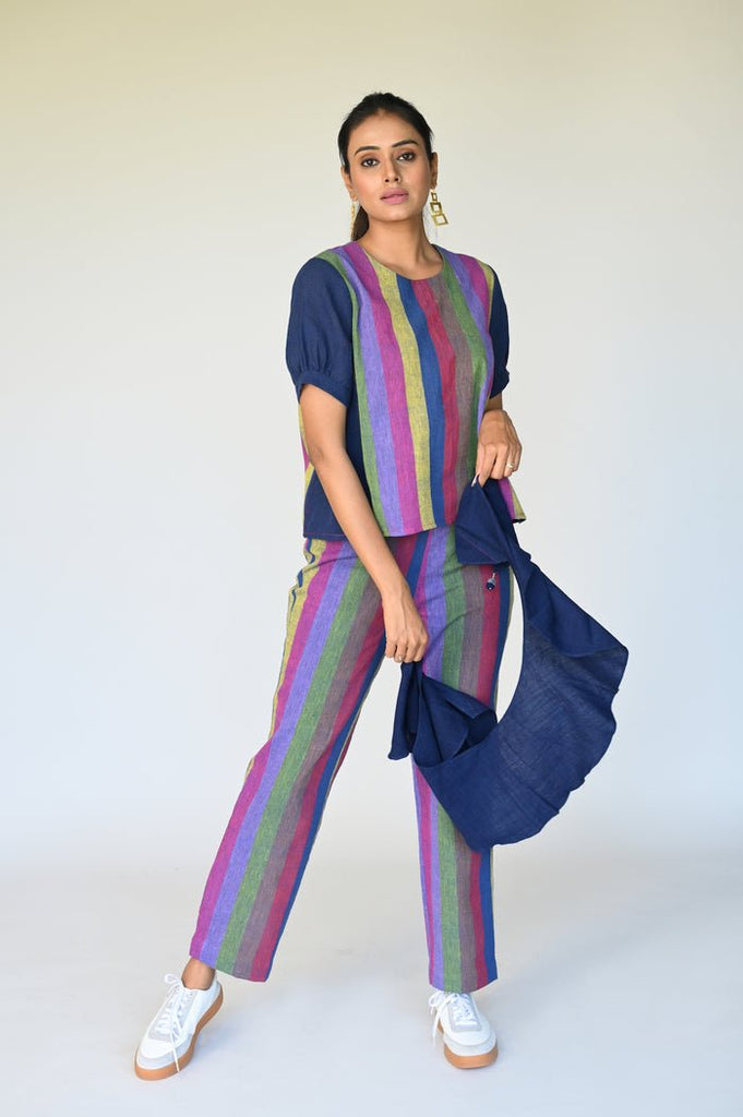 Blue Multi Stripe Panelled Top - CiceroniTopsRang by Rajvi