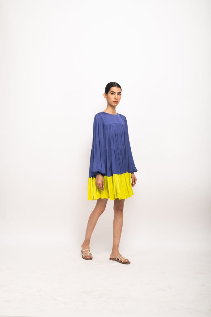 Blue-Neon Gather Short Dress - CiceroniDressesNeora