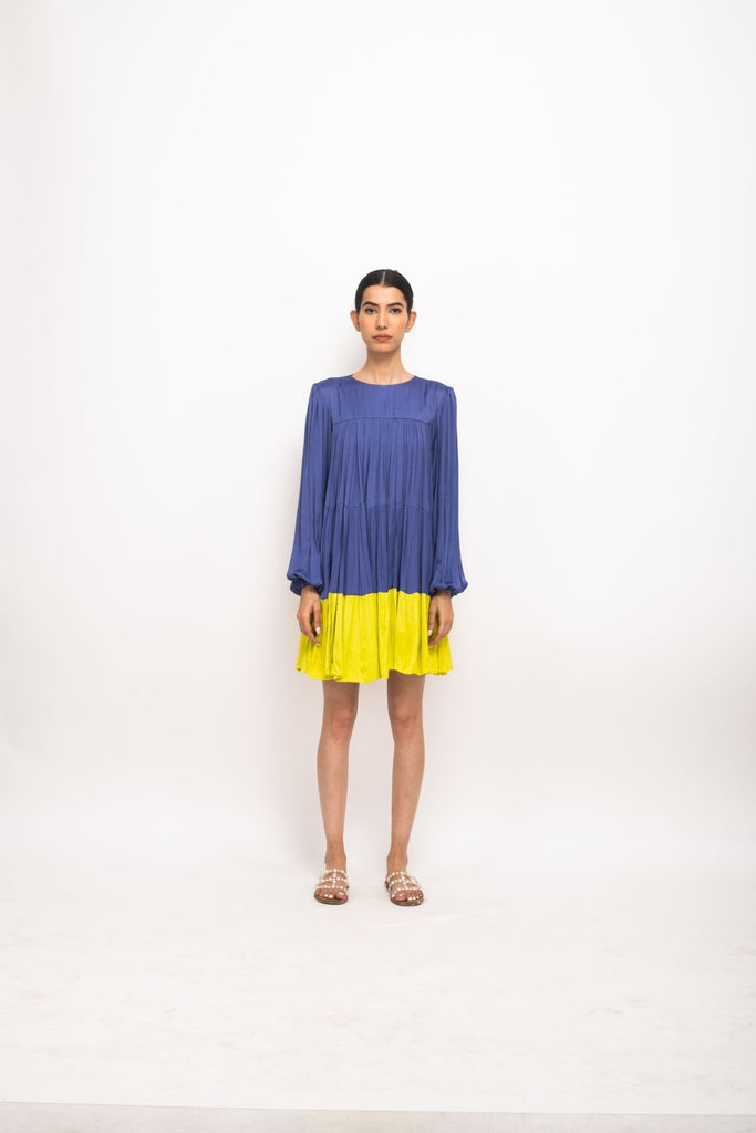 Blue-Neon Gather Short Dress - CiceroniDressesNeora
