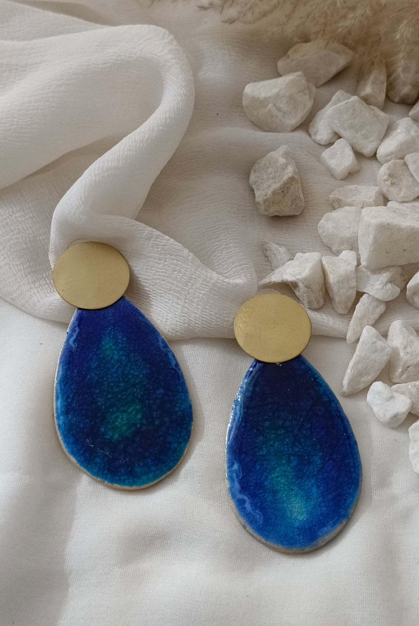 Blue Tear Drop Ceramic and Brass Earrings - CiceroniEarringsBoundless by Shilpi