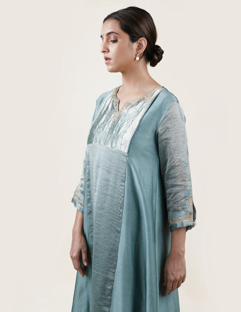 Blue Tissue Stripes/Chanderi Silk - A-line Kurta Set - CiceroniBhavik Shah
