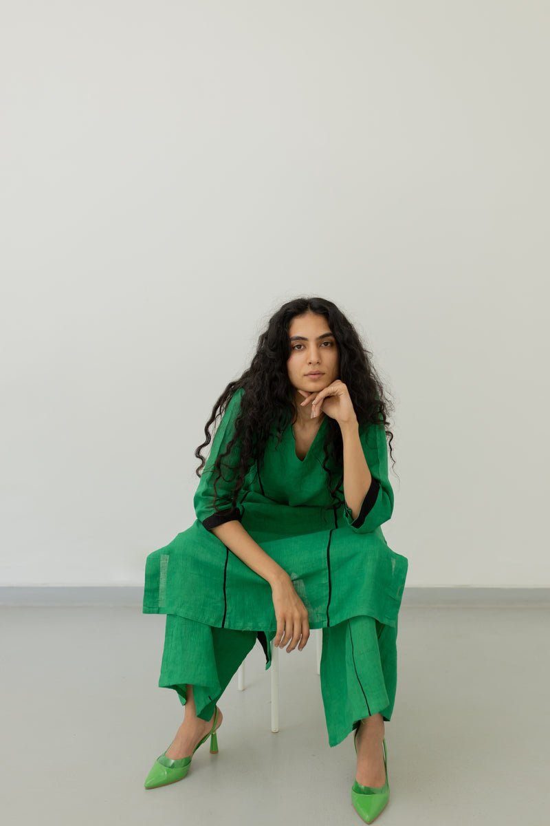 Bottlegreen Linen Kurta and Pants Set - CiceroniCo-ord SetSilai Studio