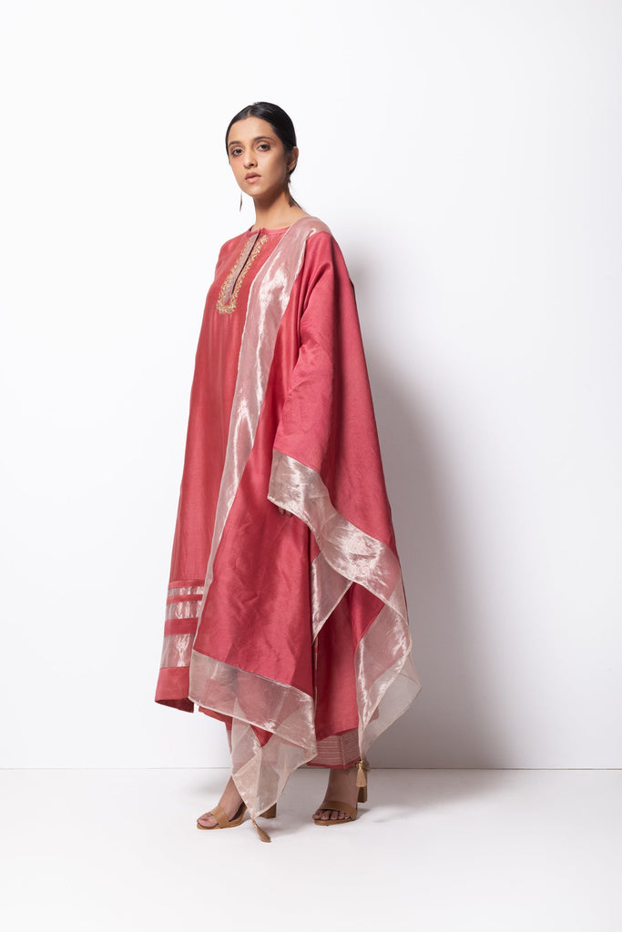 Brick Pink Chanderi Silk Kurta Set with Dupatta - CiceroniBhavik Shah
