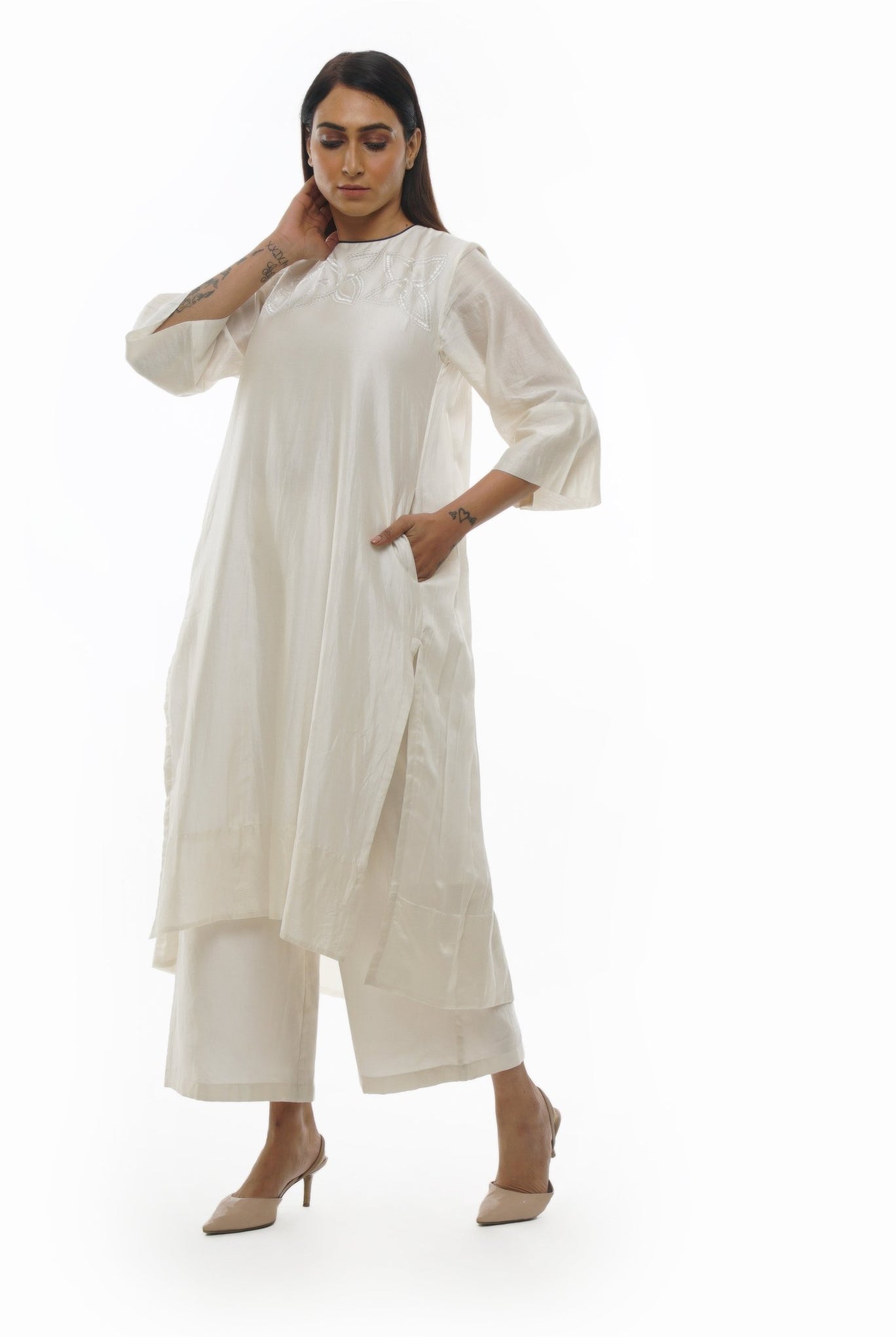 Bright White Chanderi Embroidery & Pleated Dress Co-ord Set - CiceroniKurta SetKhat