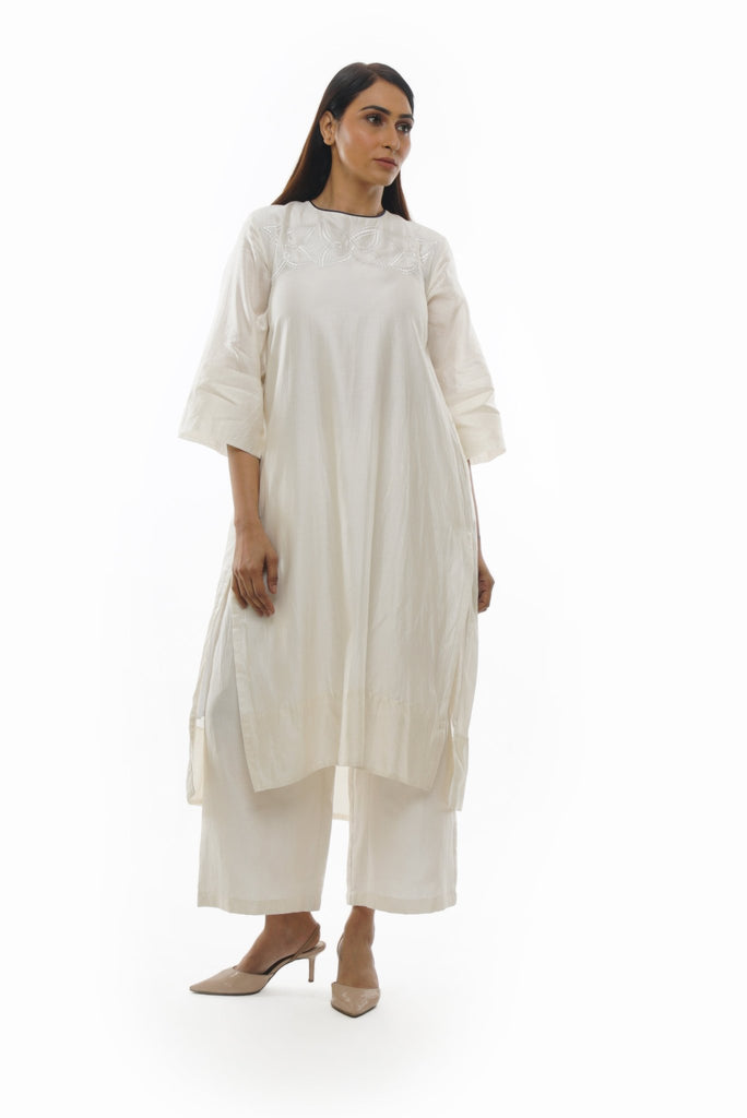 Bright White Chanderi Embroidery & Pleated Dress Co-ord Set - CiceroniKurta SetKhat