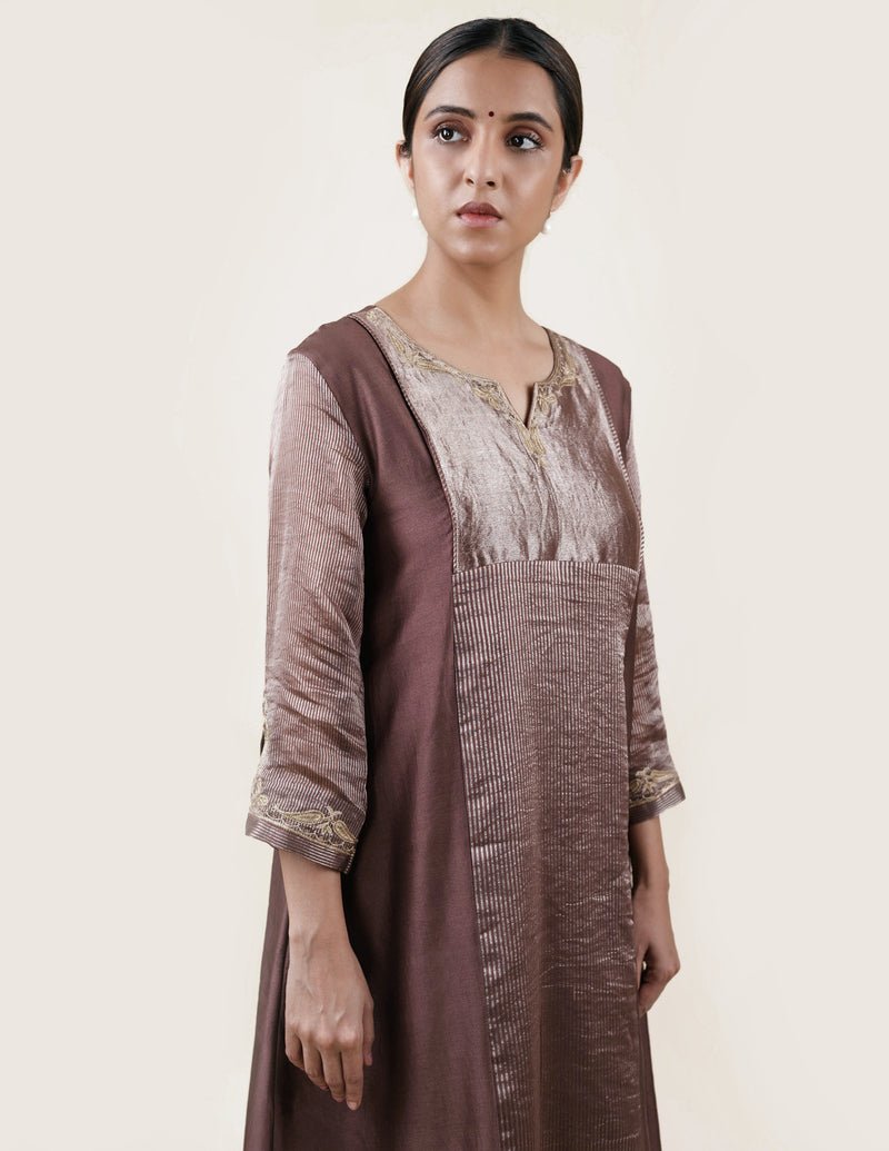 Brown Tissue Stripes/Chanderi Silk - A-line Kurta Set - CiceroniBhavik Shah