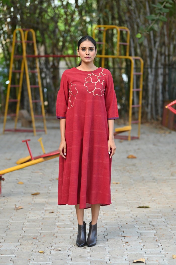 Center Paneled With Floral Hand Embroidery Dress - Maroon - CiceroniDressesRang by Rajvi