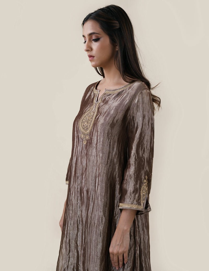 Chocolate Brown Tissue - A-line Kurta Set - CiceroniBhavik Shah