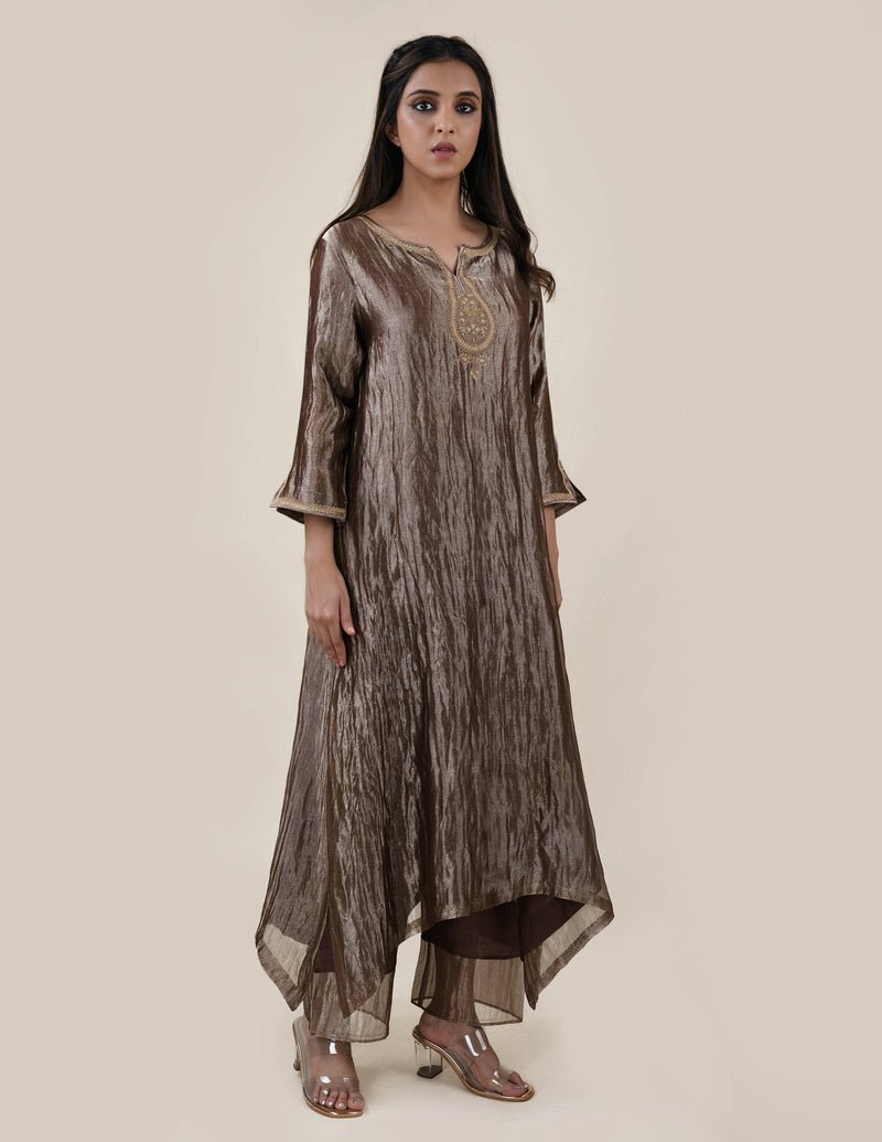 Chocolate Brown Tissue - A-line Kurta Set - CiceroniBhavik Shah