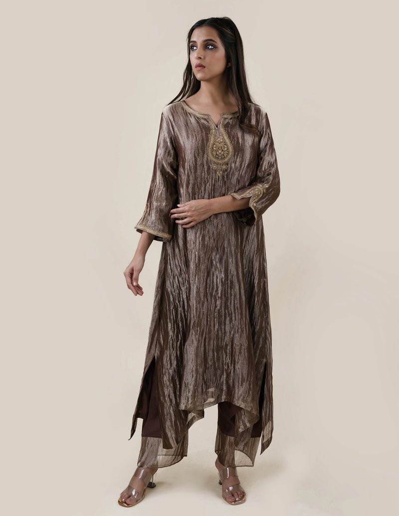 Chocolate Brown Tissue - A-line Kurta Set - CiceroniBhavik Shah