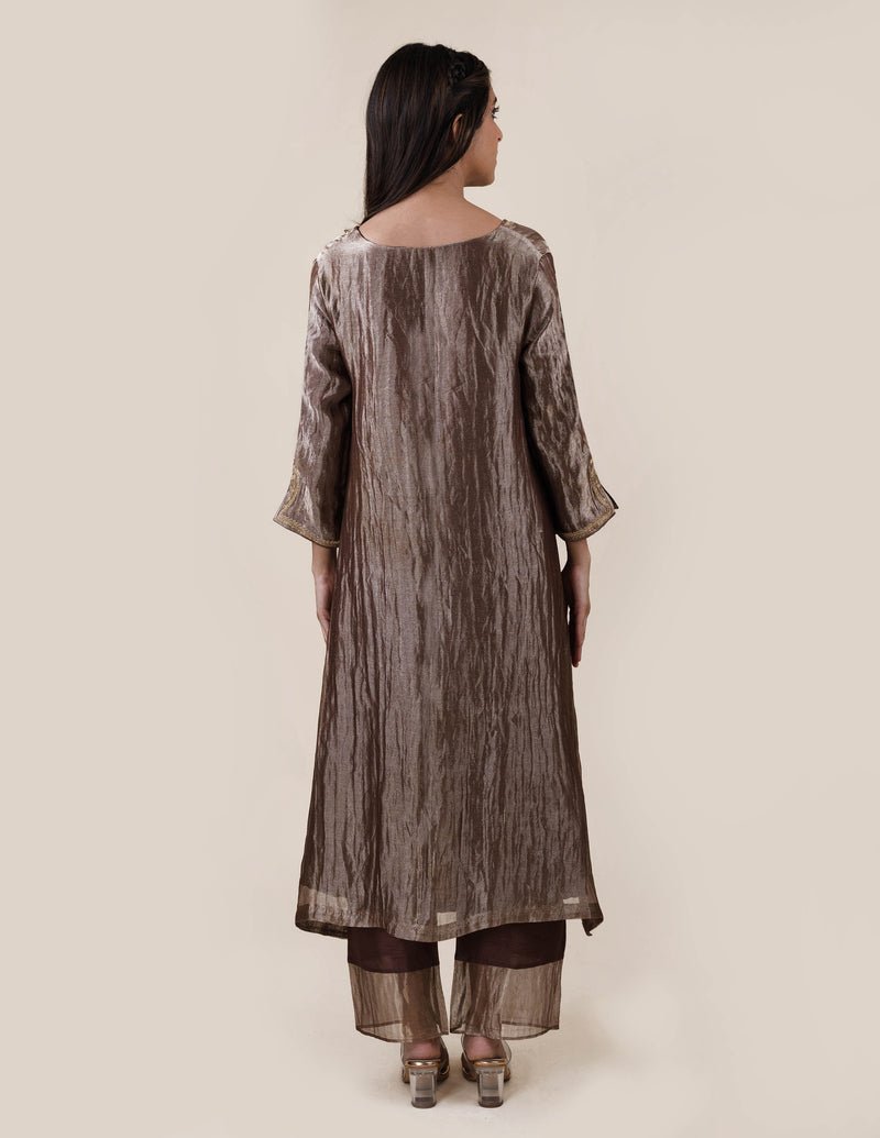 Chocolate Brown Tissue - A-line Kurta Set - CiceroniBhavik Shah
