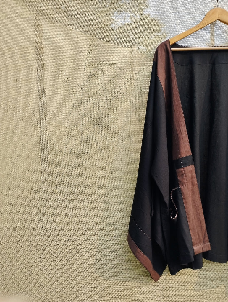 Classic Black Brown Linen Kimono Jacket - CiceroniJacketsPatch Over Patch
