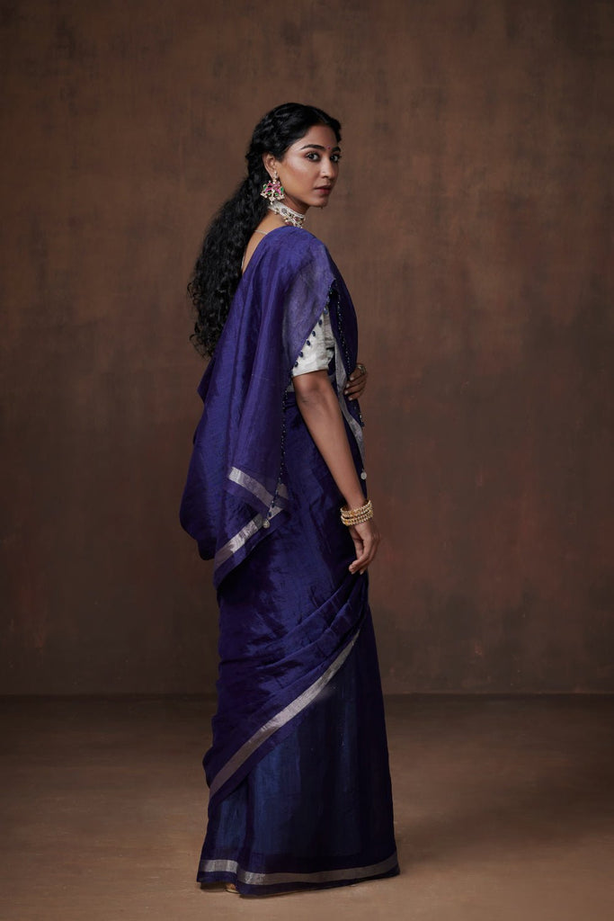 Classic Blue Chanderi Tissue Saree with Silver Border: Must-have festive attire. - CiceroniSareeDressfolk