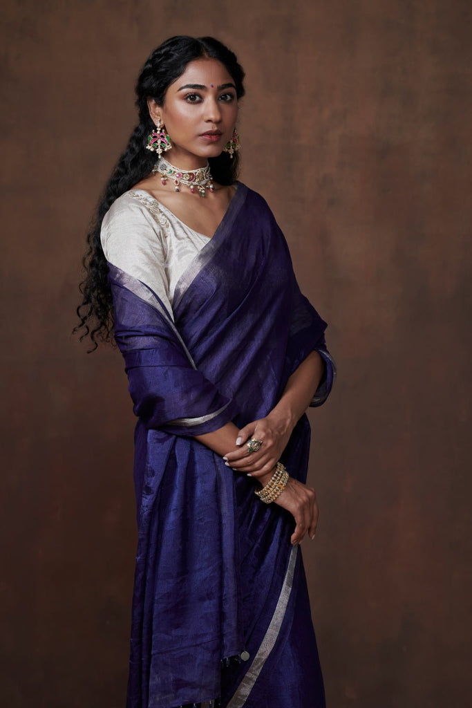 Classic Blue Chanderi Tissue Saree with Silver Border: Must-have festive attire. - CiceroniSareeDressfolk