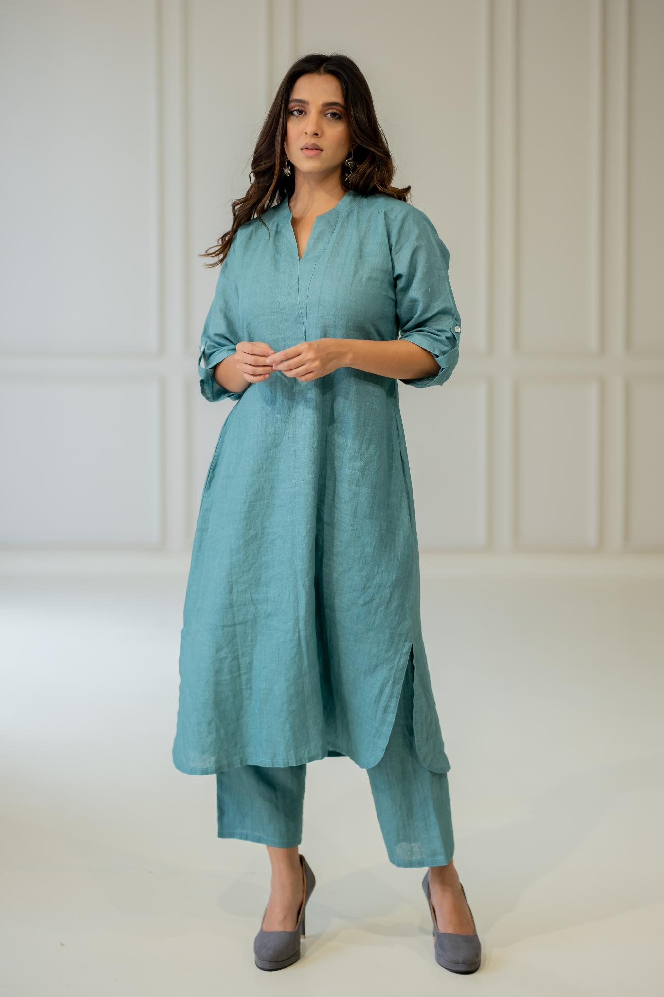Coastal Lagoon Linen Kurta Set - CiceroniKurta SetSilai Studio