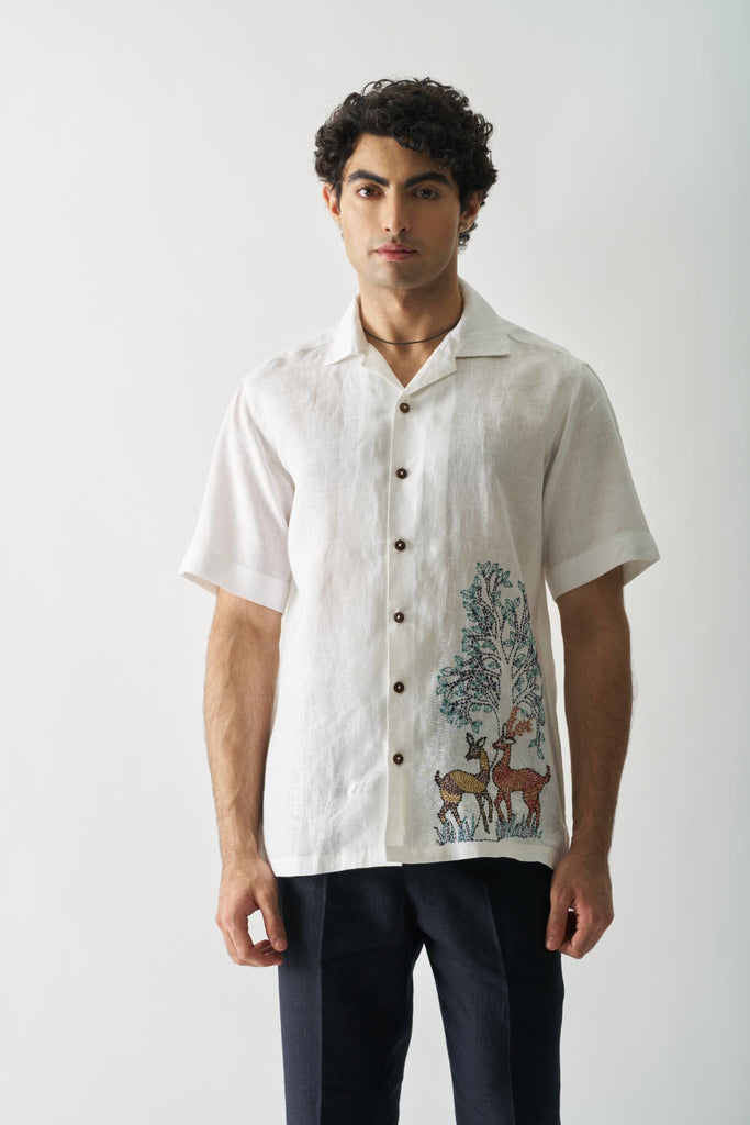 Deer Under Giant Oak - Mens Hand Embroidered Pure Linen Shirt - CiceroniShirtsCultura Studio