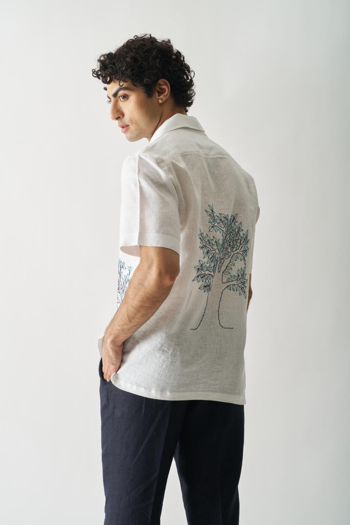 Deer Under Giant Oak - Mens Hand Embroidered Pure Linen Shirt - CiceroniShirtsCultura Studio