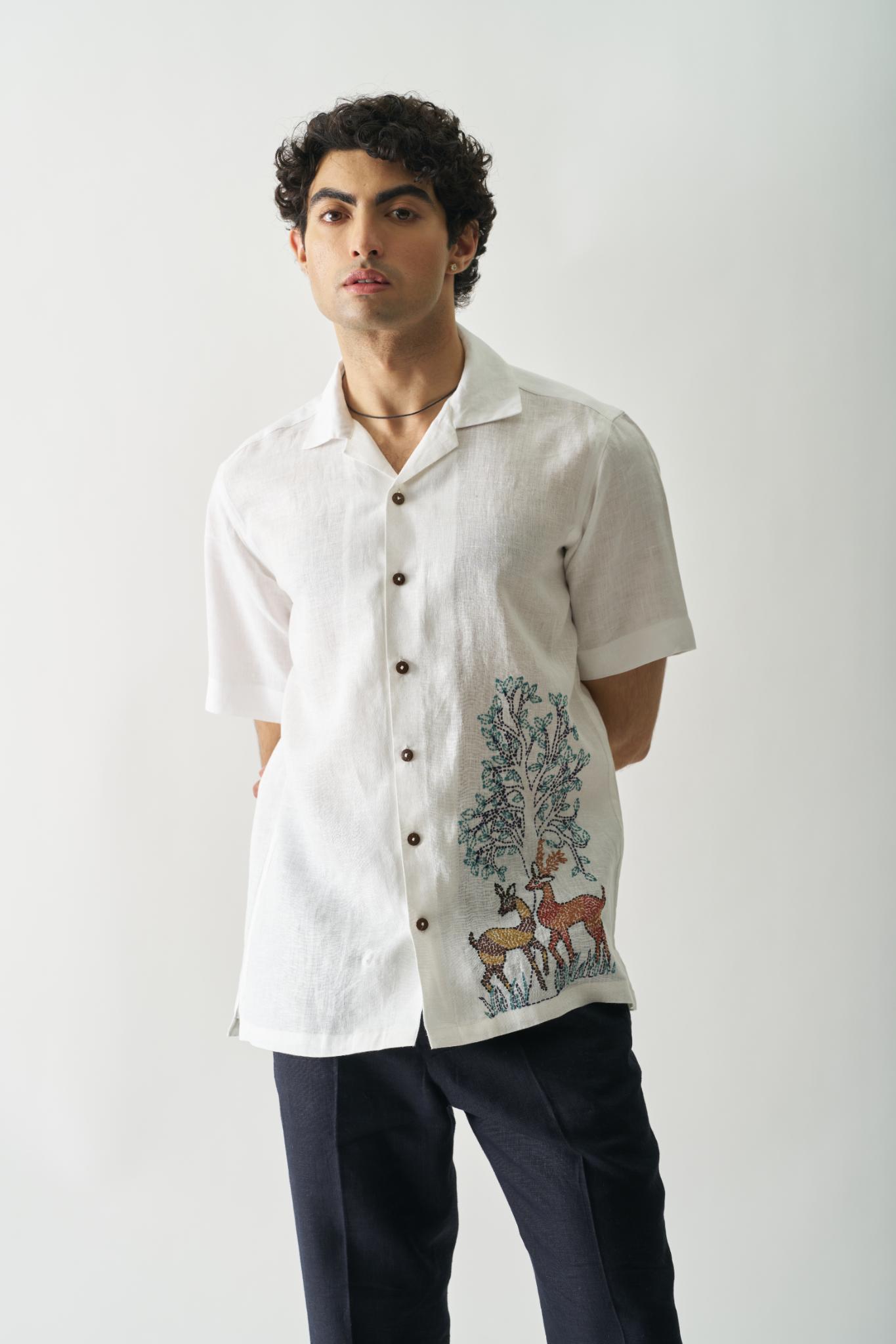 Deer Under Giant Oak - Mens Hand Embroidered Pure Linen Shirt - CiceroniShirtsCultura Studio