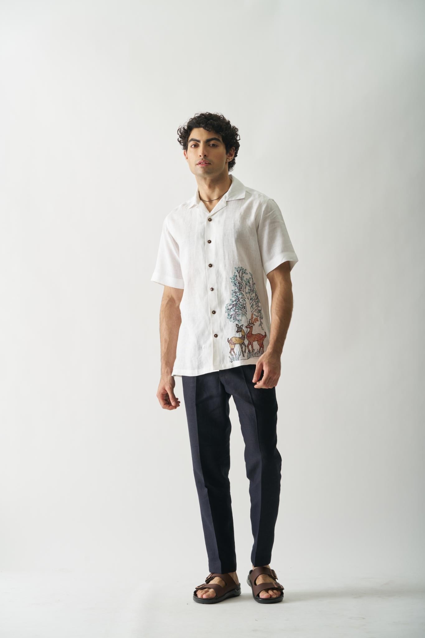 Deer Under Giant Oak - Mens Hand Embroidered Pure Linen Shirt - CiceroniShirtsCultura Studio