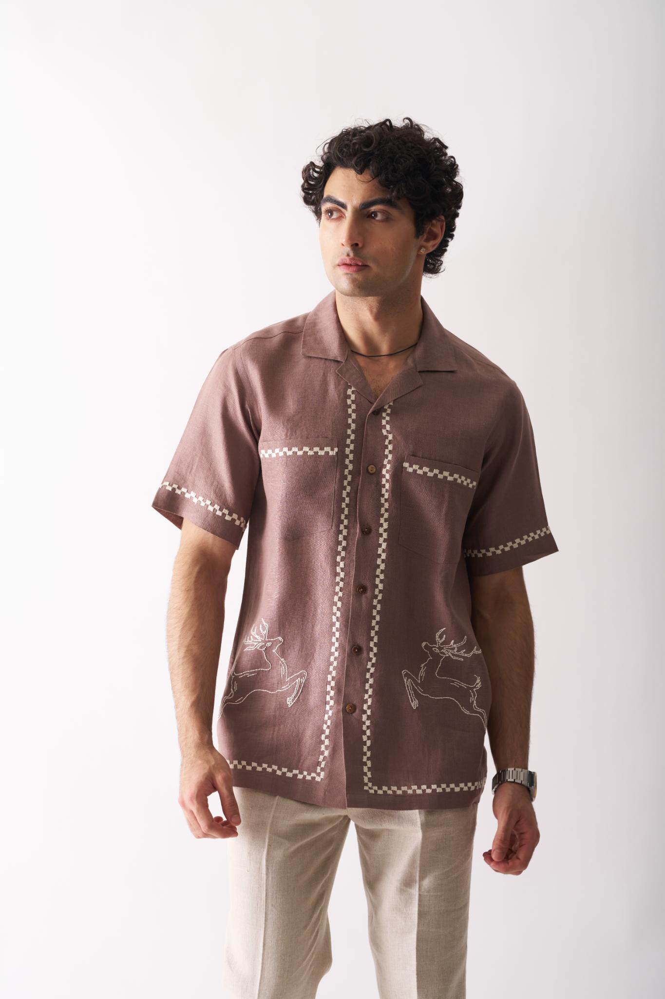 Deer's Delight - Mens Hand Embroidered Pure Linen Shirt - CiceroniShirtsCultura Studio